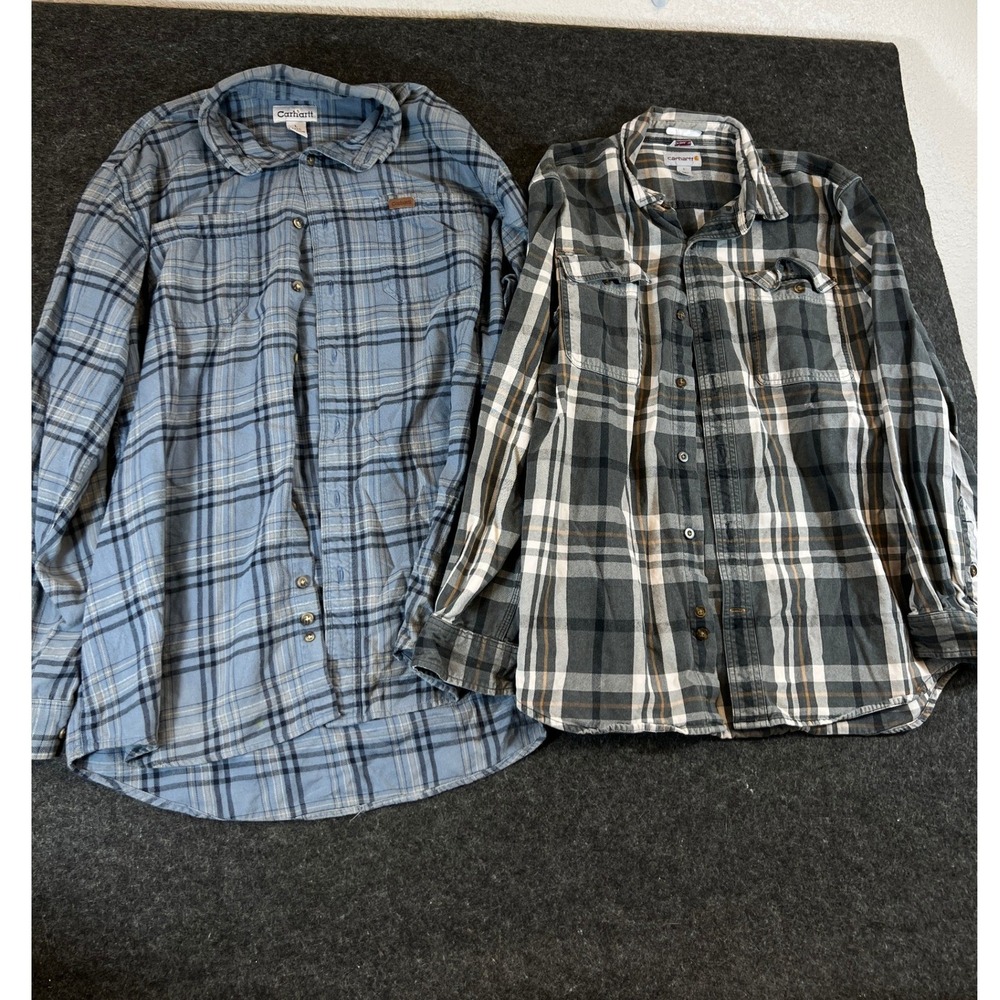 Carhartt Button Down Shirts Men LT Blue Gray Plaid Original Fit Flannel Lot of 2